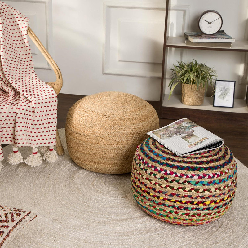 Round Pouf Ottoman Braided Boho Poof Home Sitting Circular Foot Rest Bungalow Rose